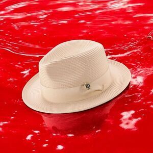 MONTIQUE MENS BEIGE WIDE BRIM PINCH FEDORA HAT W/ MATCHING GROSGRAIN RIBBON H42.